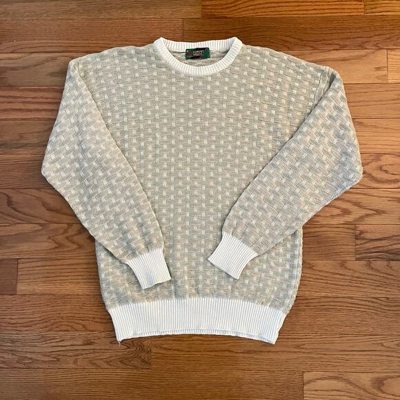 Vintage Robert Bruce Grandpa Sweater Large Cream Green Basketweave Knit Pullover - Picture 1 of 8